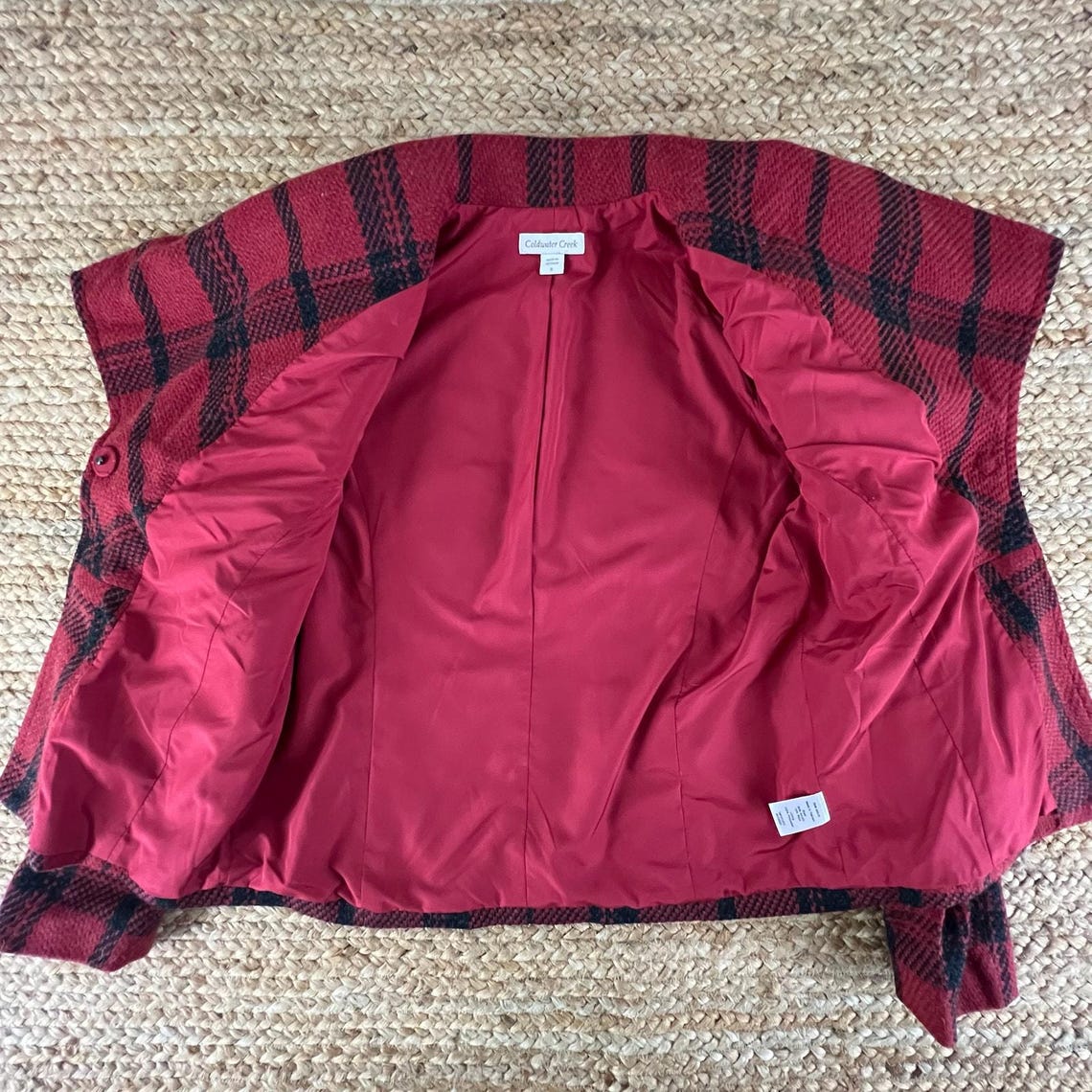 Vintage 90s Coldwater Creek Buffalo Plaid Jacket Womens 8 Red Black Wool Blend Coat Cabincore Winter Blazer Retro Outerwear Big Collar Lined, foto 4 de 5