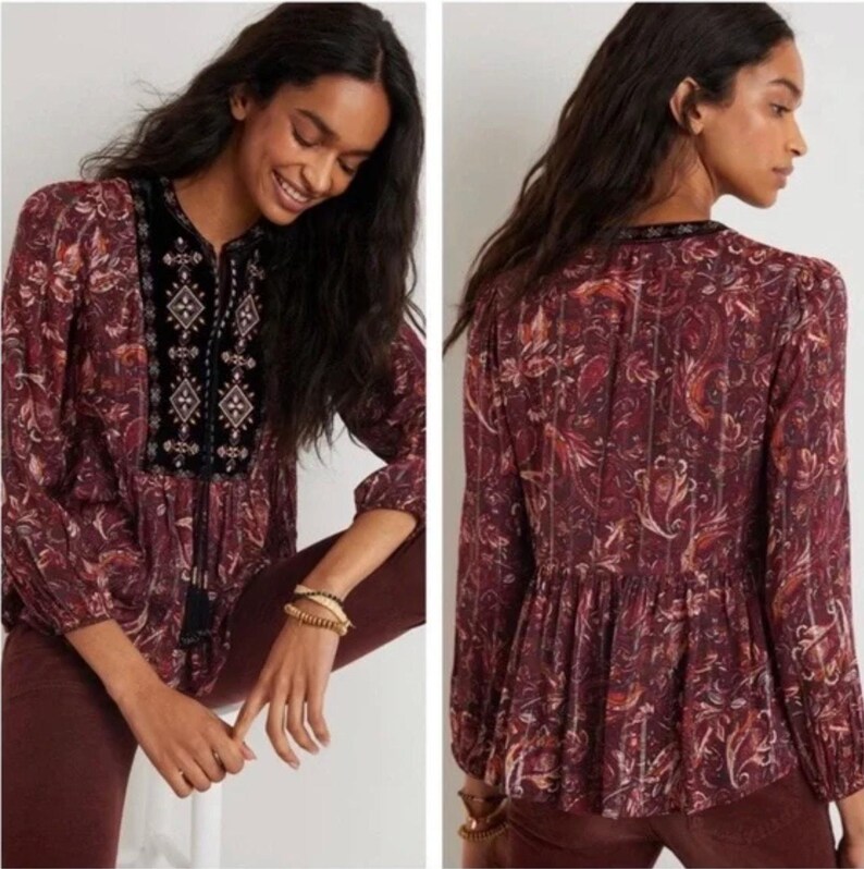 Anthropologie Glenda Blusa da contadina in pizzo 1X Top boho con nappe e stampa paisley, stile romantico e fluente, taglie forti, stile Anthro, regalo per lei, top autunnale Whimsigoth immagine 19