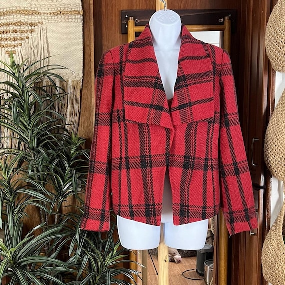 Vintage 90s Coldwater Creek Buffalo Plaid Jacket Womens 8 Red Black Wool Blend Coat Cabincore Winter Blazer Retro Outerwear Big Collar Lined