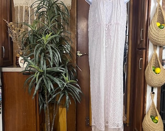 Vintage Ivory Lace Maxi Kleid Damen M Cottagecore Prairie Boho Hochzeit Brautdusche Gartenparty Floraler ausgebogter Saum Romantisches Spitzenkleid