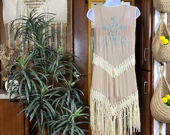 Boho Fringe Duster Vest Taupe Gauze Crochet Embroidered Festival Kimono Layering Piece Western Long Vest Gift for Her Boho Hippie Clothing