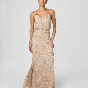 Adrianna Papell Beaded Art Deco Gown Size 10 Blush Pink Formal Dress Gatsby Wedding Guest Evening Dress Rose Gold Sequin Blouson Dress Maxi image 7