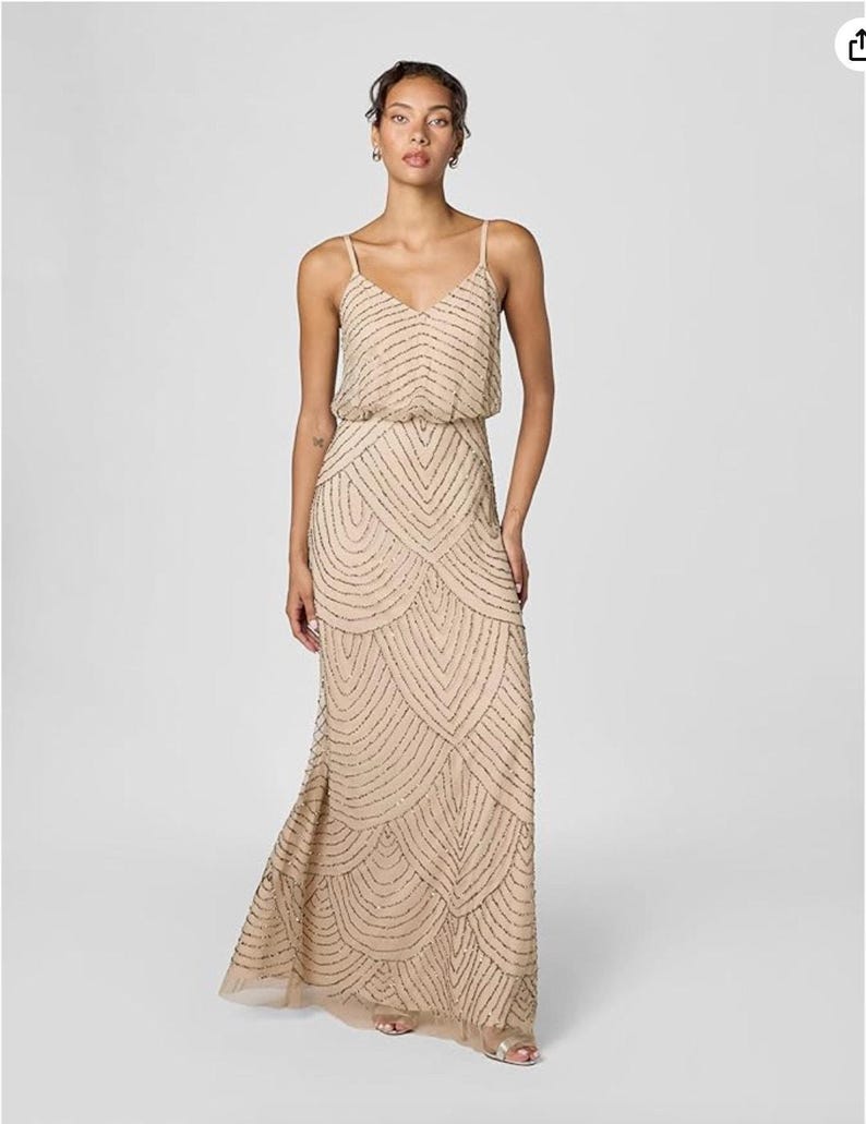 Adrianna Papell Beaded Art Deco Gown Size 10 Blush Pink Formal Dress Gatsby Wedding Guest Evening Dress Rose Gold Sequin Blouson Dress Maxi image 7