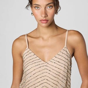 Adrianna Papell Beaded Art Deco Gown Size 10 Blush Pink Formal Dress Gatsby Wedding Guest Evening Dress Rose Gold Sequin Blouson Dress Maxi image 6