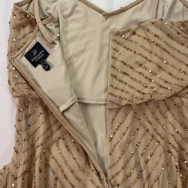 Adrianna Papell Beaded Art Deco Gown Size 10 Blush Pink Formal Dress Gatsby Wedding Guest Evening Dress Rose Gold Sequin Blouson Dress Maxi image 9