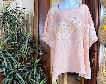 Peach Gauze Poncho Cover Up Embroidered Floral Lagenlook Coastal Resort Wear Beach Layer Lightweight Summer Top Boho Caftan Gift For Her