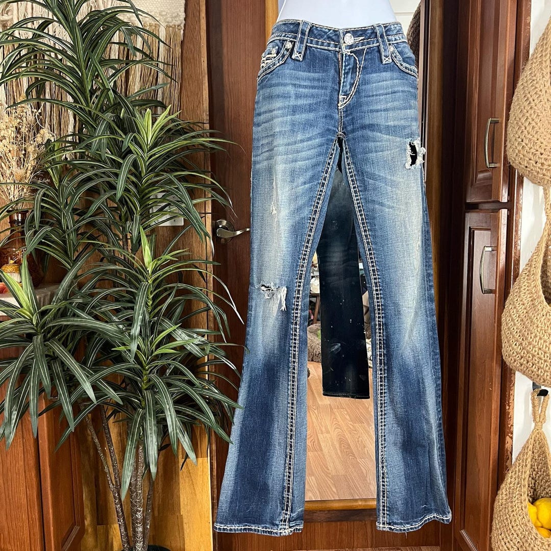 Vintage Y2K Rock Revival Penny Bootcut Jeans 28 Rhinestone Distressed ...