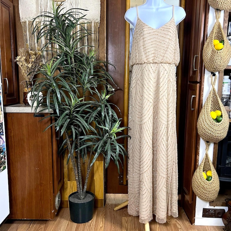 Adrianna Papell Beaded Art Deco Gown Size 10 Blush Pink Formal Dress Gatsby Wedding Guest Evening Dress Rose Gold Sequin Blouson Dress Maxi image 1