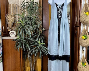 Vintage Funhouse Whimsigoth Maxi Kleid L XL Blau Schwarz Korsett Ren Faire Fairycore Gothic Romanze Mittelalter Maiden Witchy 90s Y2K Fantasy