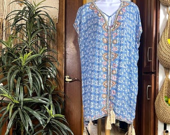 Skemo Boho Tunika Top Damen Groß Blau Weiß Tropical bestickte Perlen Shell Quaste Strand Vertuschen Kaftan Resort Wear Ibiza Tulum Style