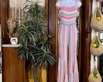 Y2K Gestreifter Bell-Bottom-Overall Damen L Gesmokt Quaste Festival Outfit 70er Jahre Schlaghose Retro Sommer Urlaub Romper Boho Ibiza Coachella
