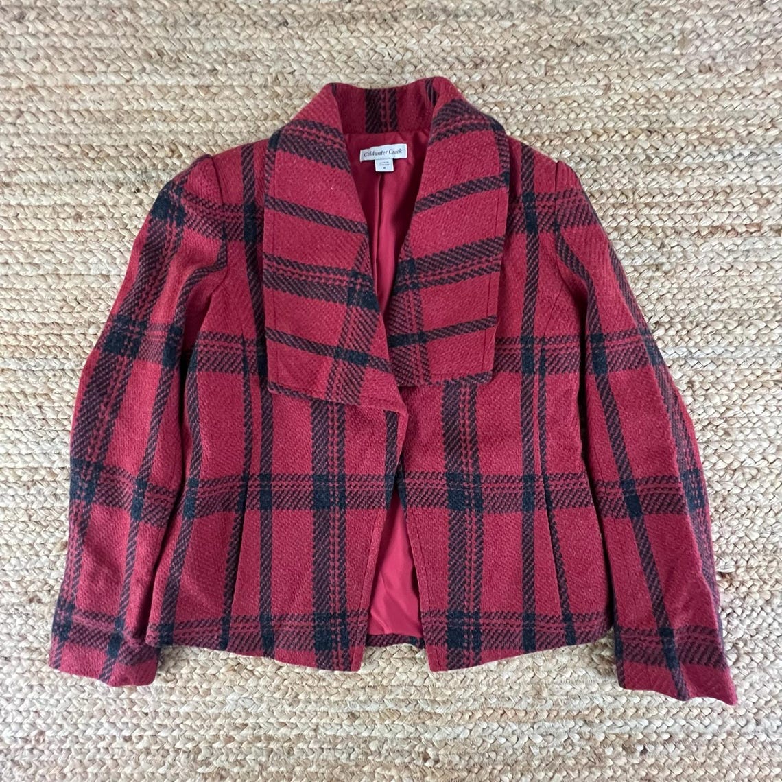 Vintage 90s Coldwater Creek Buffalo Plaid Jacket Womens 8 Red Black Wool Blend Coat Cabincore Winter Blazer Retro Outerwear Big Collar Lined, foto 3 de 5