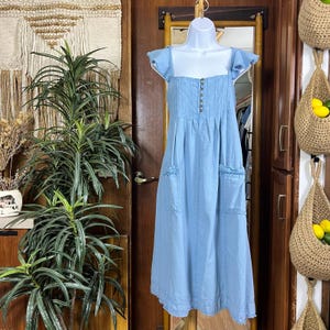 Pilcro Chambray Cotton Linen Midi S Flutter Sleeve Coastal Boho Sundress Anthropologie Summer Dress Cottagecore Vacation Outfit Gift For Her image 1