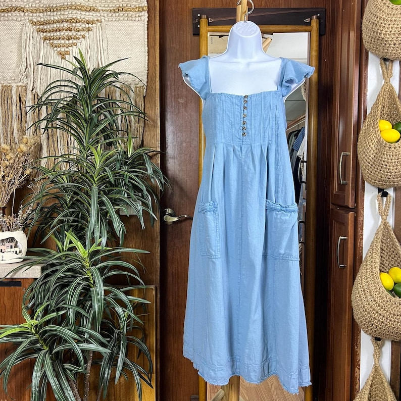Pilcro Chambray Cotton Linen Midi S Flutter Sleeve Coastal Boho Sundress Anthropologie Summer Dress Cottagecore Vacation Outfit Gift For Her image 1