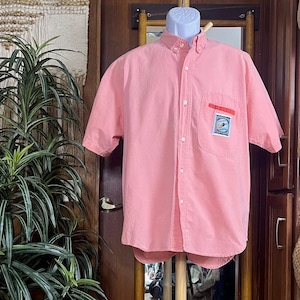 Vintage Ocean Pacific Shirt Mens L Salmon Pink Surf Button Down USA Made 90s Coastal Vintage Beach Style OP Wave Patch 100% Cotton Shirt