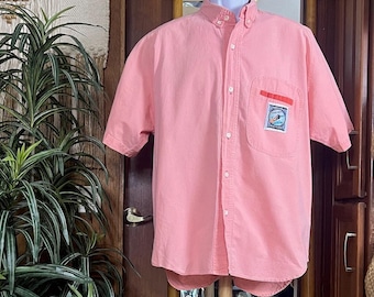 Vintage Ocean Pacific Shirt Herren L Lachsrosa Surf Button Down USA Made 90er Jahre Küsten Vintage Strand Stil OP Wave Patch 100% Baumwollhemd