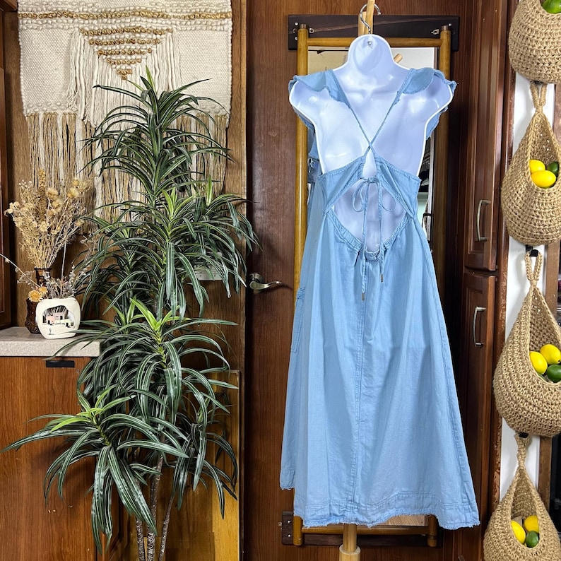 Pilcro Chambray Cotton Linen Midi S Flutter Sleeve Coastal Boho Sundress Anthropologie Summer Dress Cottagecore Vacation Outfit Gift For Her image 2