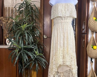 Boho Spitze häkeln High-Low-Kleid-Damen- Kleine Creme Strapless Prairie Festival Cottagecore Stevie Nicks Coastal Cowgirl Western Rüschen Midi