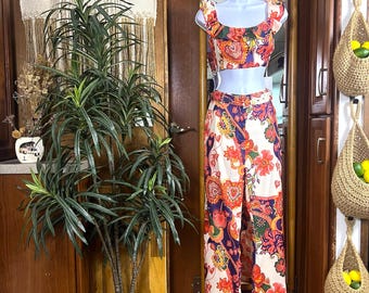 70s Style Floral Zweiteiler Set M Rüschen Crop Top Schlaghose Hose Retro Matching Set Boho Festival Outfit Ibiza Urlaub Resort Wear Co Ord