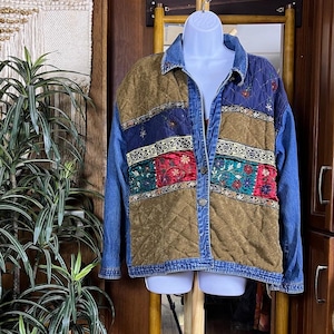 ヴィンテージパッチワークデニムジャケット レディース M L 90年代キルティング刺繍ボヘミアンアーティザンコート Y2Kフォークテキスタイルジャケットステートメントレイヤーミックスファブリック