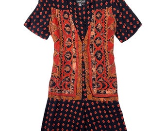 Tutina vintage anni '90 Carole Little, taglia Petite 10, arancione e nera, stile boho festival, con stampa astratta, ideale per l'estate e le vacanze. Regalo perfetto per lei.