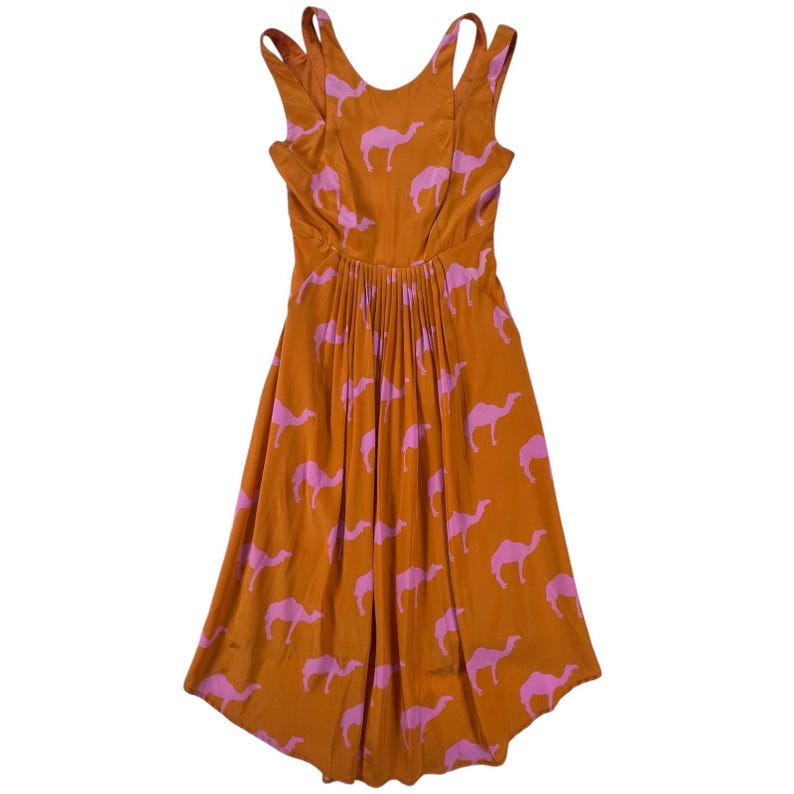 Anthropologie Silk Midi Dress 0 Charlotte Taylor Camel Print Orange Pink Novelty Dress Fit Flare Sleeveless Statement Dress Gift for Her image 5
