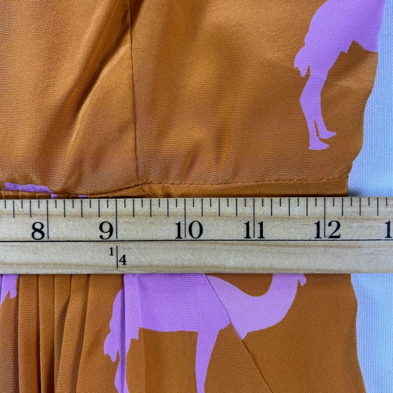 Anthropologie Silk Midi Dress 0 Charlotte Taylor Camel Print Orange Pink Novelty Dress Fit Flare Sleeveless Statement Dress Gift for Her image 13