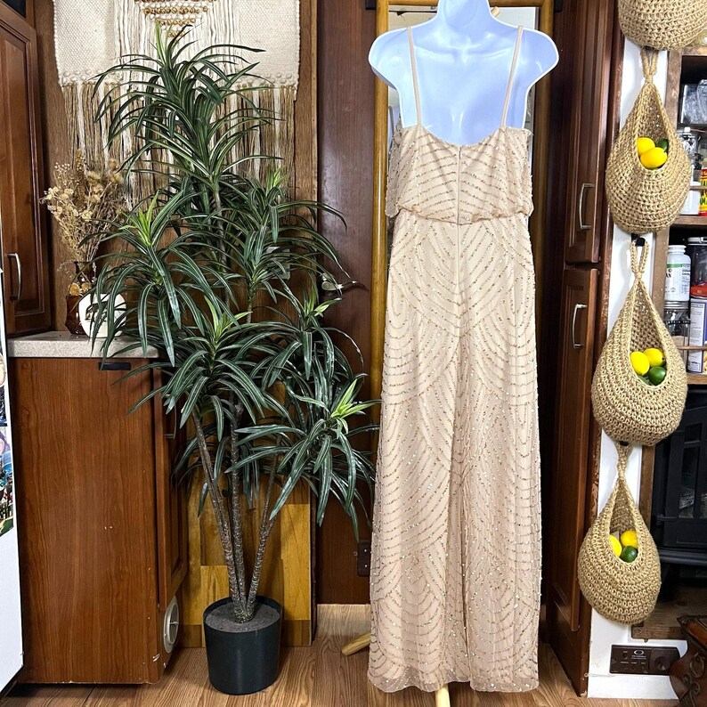 Adrianna Papell Beaded Art Deco Gown Size 10 Blush Pink Formal Dress Gatsby Wedding Guest Evening Dress Rose Gold Sequin Blouson Dress Maxi image 2