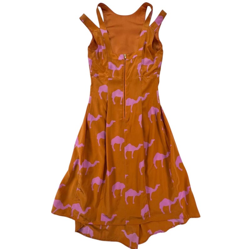 Anthropologie Silk Midi Dress 0 Charlotte Taylor Camel Print Orange Pink Novelty Dress Fit Flare Sleeveless Statement Dress Gift for Her image 6