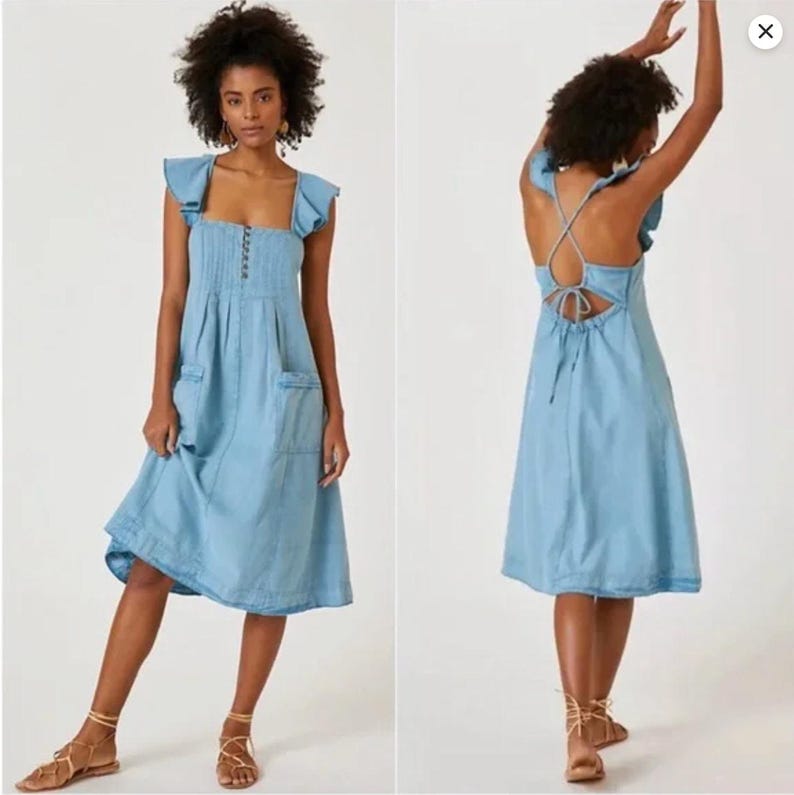 Pilcro Chambray Cotton Linen Midi S Flutter Sleeve Coastal Boho Sundress Anthropologie Summer Dress Cottagecore Vacation Outfit Gift For Her image 18