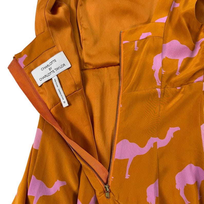 Anthropologie Silk Midi Dress 0 Charlotte Taylor Camel Print Orange Pink Novelty Dress Fit Flare Sleeveless Statement Dress Gift for Her image 7