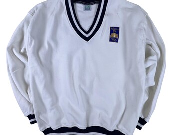 Vintage 1996 Olympische Spelen Atlanta NBC trui heren XL witte V-hals trui gemaakt USA Olympische Sweatshirt ringen Peacock Patch jaren 90 cadeau voor hem