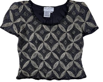 Vintage Papell Boutique 100% Seide Bluse PS Schwarz Gold Perlen Metallic Abend 80er Jahre Petite Small Urlaub Cocktail Party Glam Besticktes Top