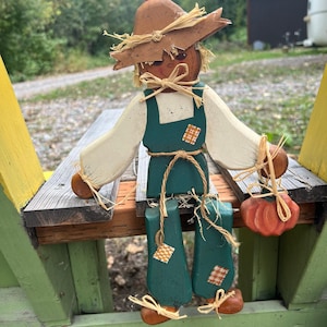 Vintage Wooden Scarecrow Pumpkin Hanging or Sitting Fall Decor 13&quot; Folk Art, One of a Kind, Rustic Farmhouse Autumn Decoration Fall Cottage