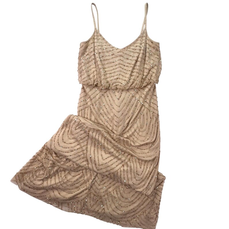 Adrianna Papell Beaded Art Deco Gown Size 10 Blush Pink Formal Dress Gatsby Wedding Guest Evening Dress Rose Gold Sequin Blouson Dress Maxi image 3