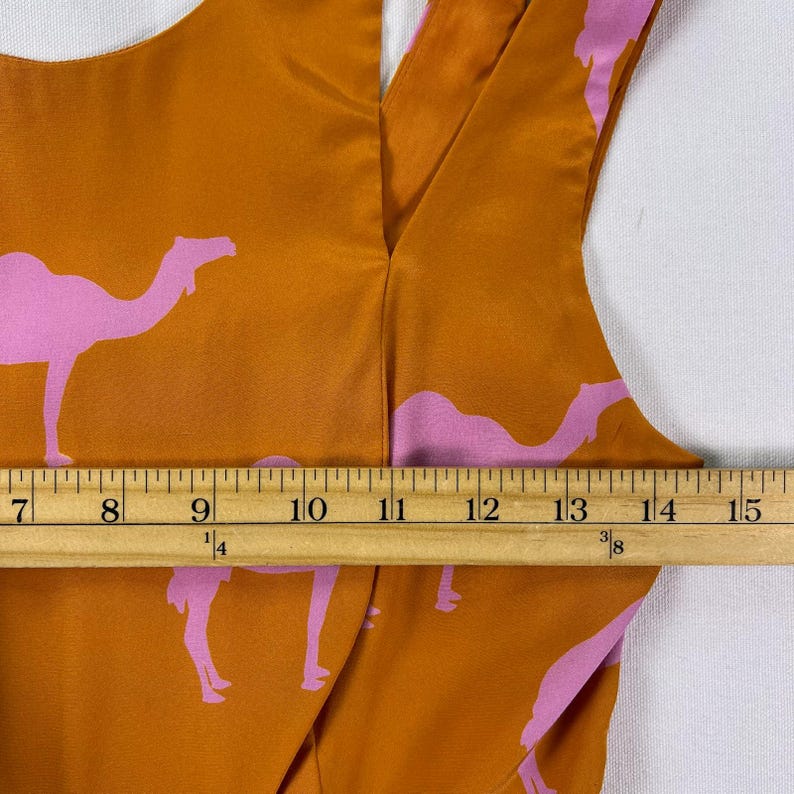 Anthropologie Silk Midi Dress 0 Charlotte Taylor Camel Print Orange Pink Novelty Dress Fit Flare Sleeveless Statement Dress Gift for Her image 12