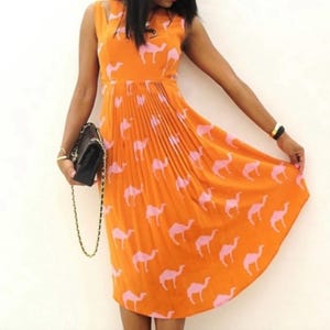 Anthropologie Silk Midi Dress 0 Charlotte Taylor Camel Print Orange Pink Novelty Dress Fit Flare Sleeveless Statement Dress Gift for Her image 4