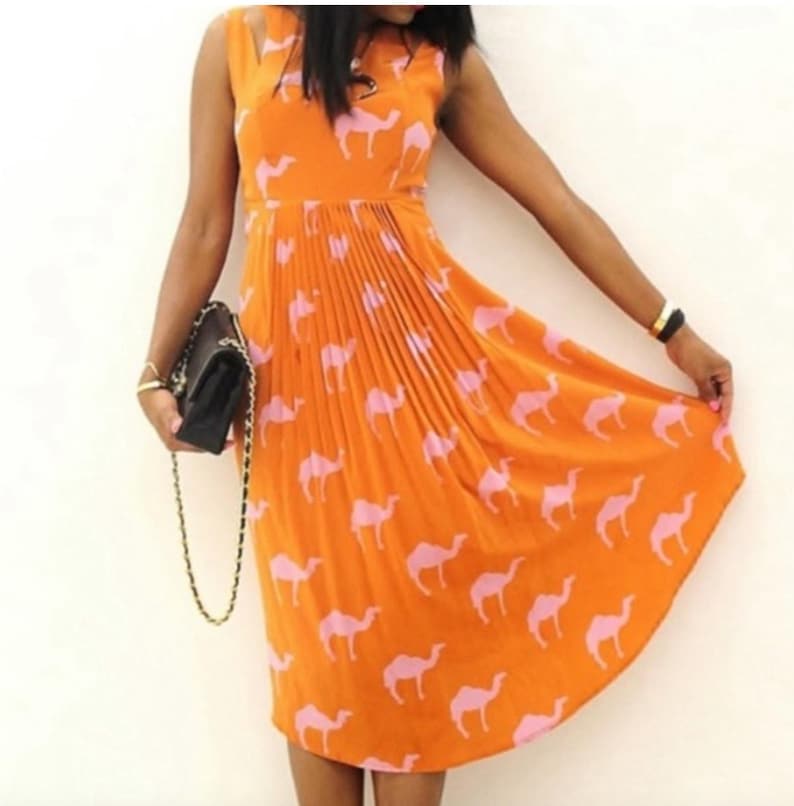 Anthropologie Silk Midi Dress 0 Charlotte Taylor Camel Print Orange Pink Novelty Dress Fit Flare Sleeveless Statement Dress Gift for Her image 4