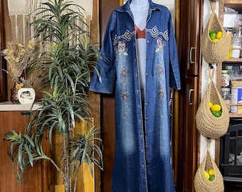 Vintage Y2K Bestickter Denim Duster L Floral Pailletten Maxi Mantel Festival Jacke Langer Denim Mantel Statement Layer Indie Sleaze Western Boho