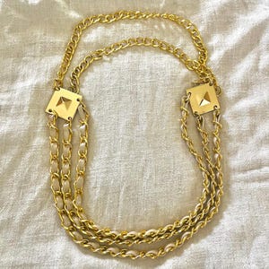 Vintage Gold Chain Belt Leather 3 Strand Convertible Necklace Pyramid Stud 80s Vintage 3 Strand Curb Chain Waist Belt 80s 90s Elegant | eBay main image 3