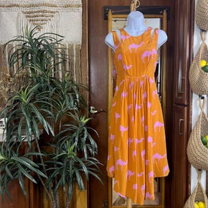 Anthropologie Silk Midi Dress 0 Charlotte Taylor Camel Print Orange Pink Novelty Dress Fit Flare Sleeveless Statement Dress Gift for Her image 1
