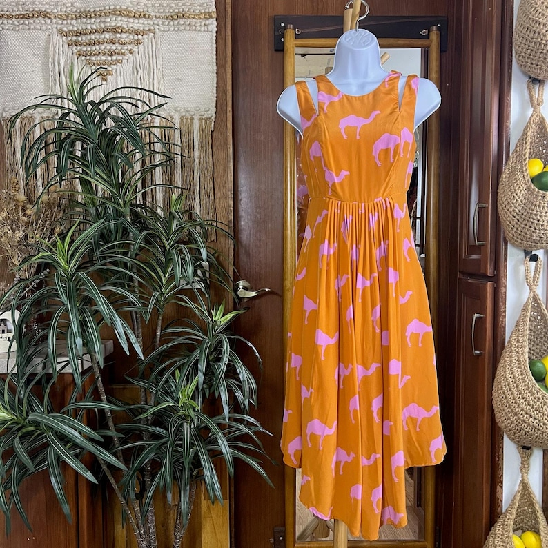 Anthropologie Silk Midi Dress 0 Charlotte Taylor Camel Print Orange Pink Novelty Dress Fit Flare Sleeveless Statement Dress Gift for Her image 1