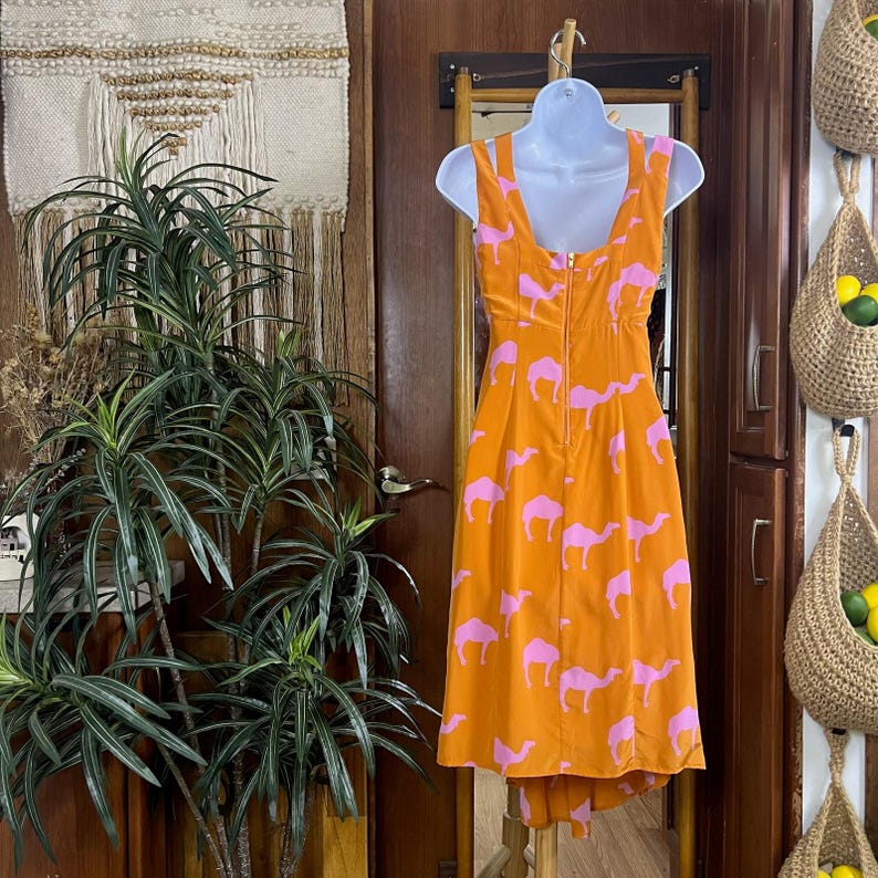 Anthropologie Silk Midi Dress 0 Charlotte Taylor Camel Print Orange Pink Novelty Dress Fit Flare Sleeveless Statement Dress Gift for Her image 2