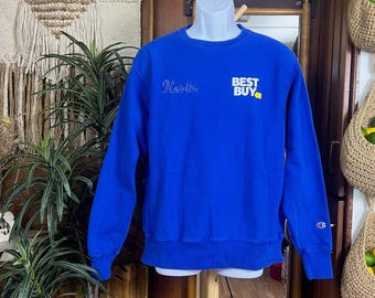 Vintage 90er Jahre Beste kaufen Sweatshirt Herren M Blau Y2K Champion Reverse Weave Rundhalsausschnitt 90er Jahre Einzelverkauf Uniform Rare Promo Pullover Nostalgische Geschenkidee