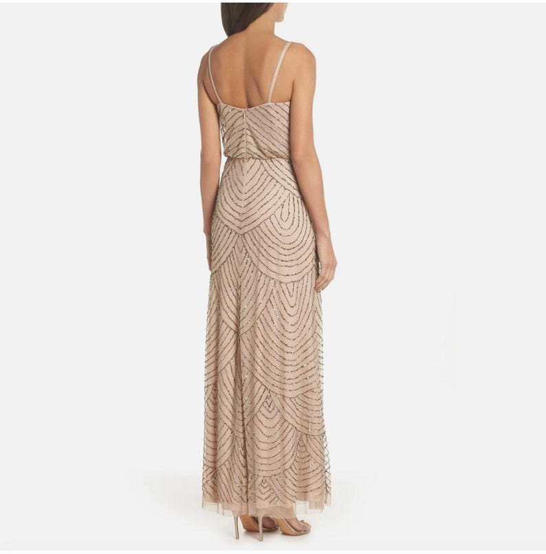 Adrianna Papell Beaded Art Deco Gown Size 10 Blush Pink Formal Dress Gatsby Wedding Guest Evening Dress Rose Gold Sequin Blouson Dress Maxi image 8