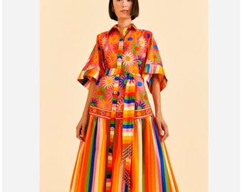 Farm Rio Graphic Macaws Mixed Midi Dress L Beaded Button Rainbow Stripe Abstract Shirtdress NWT Maximalist Statement Vacation Resort Gift
