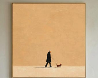 侘び寂びの老人と犬の絵画：抽象的なテクスチャのキャンバスアート