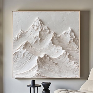 Pintura de montaña texturizada, arte mural de yeso 3D, escultura minimalista de paisaje montañoso blanco