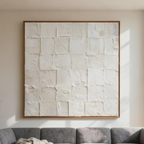 Neutral Textured Wall Art, Modern Abstract Plaster Painting, Grid Canvas