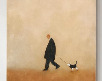 Hand-Painted Man and Dog Oil Painting, Brown Minimalist Wall Art